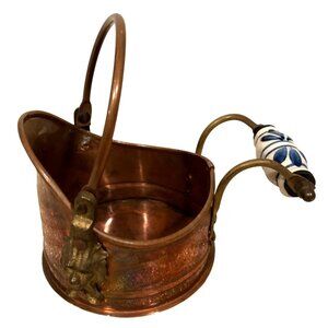 Vintage Copper Coal Scuttle With Blue & White Ceramic Handle Decorative Fireplac